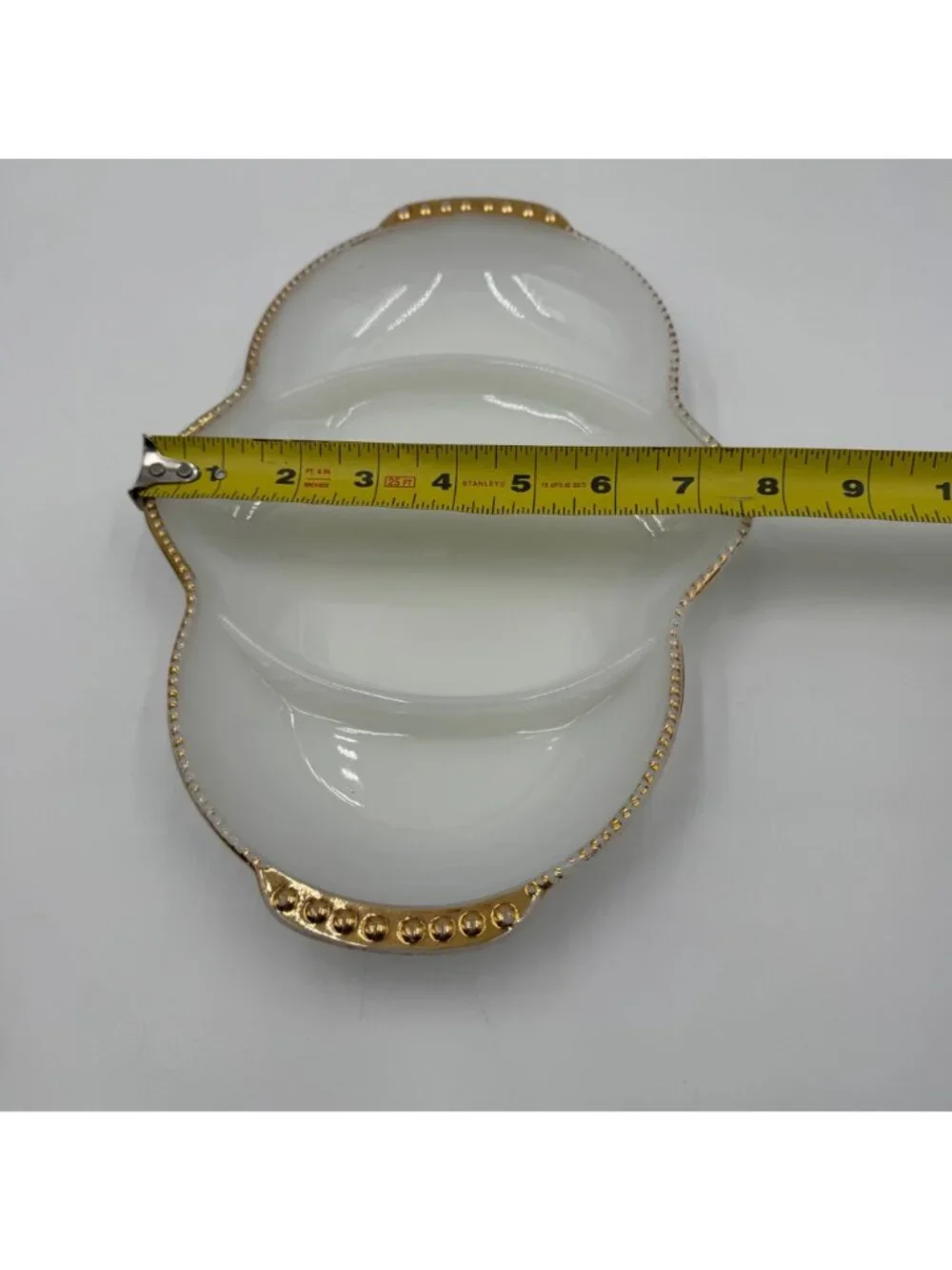 Vintage Fire King Milk Glass Divided Serving Dish With Gold Beaded Rim